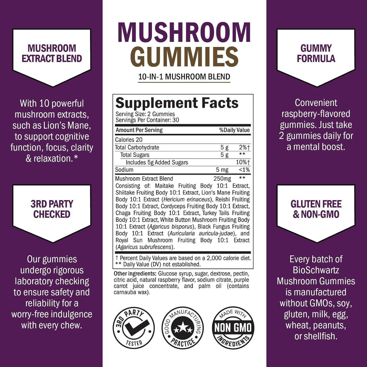 BioSchwartz Mushroom Gummies: 10-in-1 Functional Supplement for Mood and Focus - Lions Mane, Turkey Tail, Cordyceps, Shiitake, Reishi - Vegan, Non-GMO, Raspberry Flavor - 60 Count