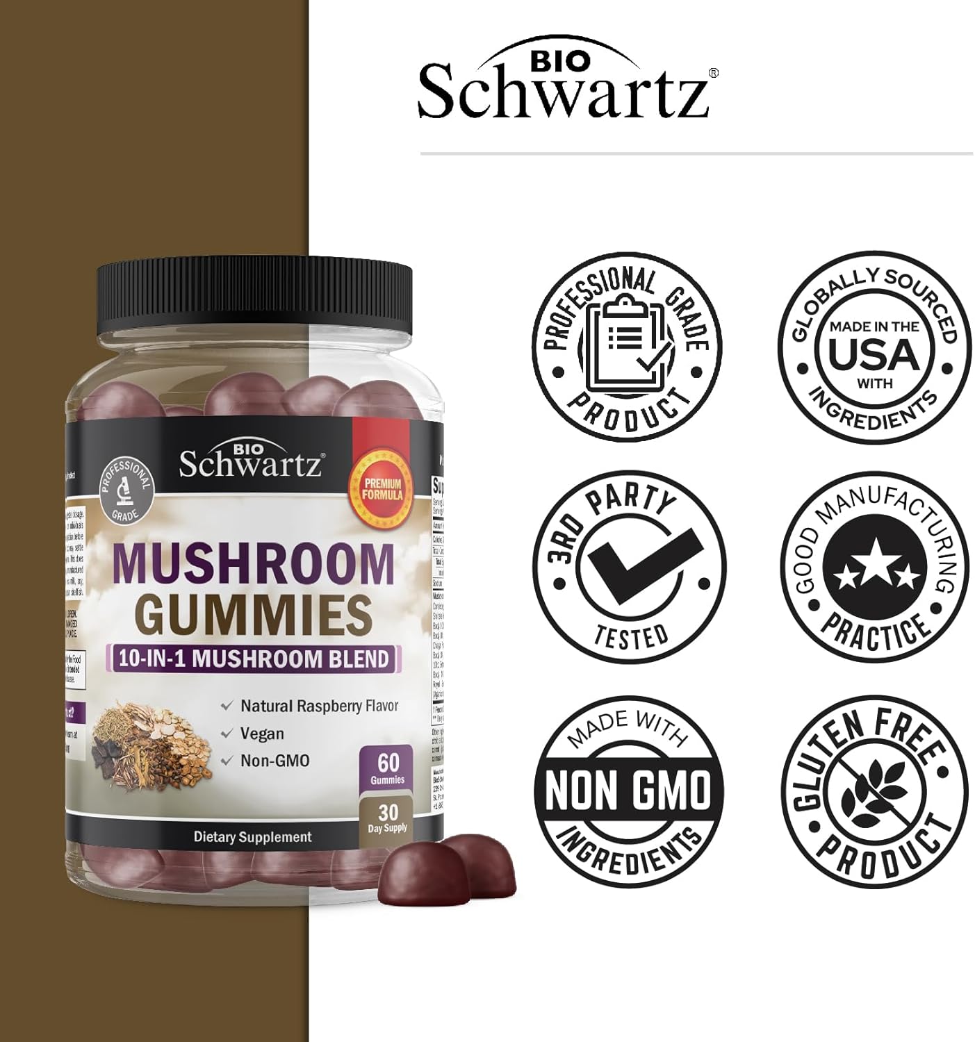 BioSchwartz Mushroom Gummies: 10-in-1 Functional Supplement for Mood and Focus - Lions Mane, Turkey Tail, Cordyceps, Shiitake, Reishi - Vegan, Non-GMO, Raspberry Flavor - 60 Count