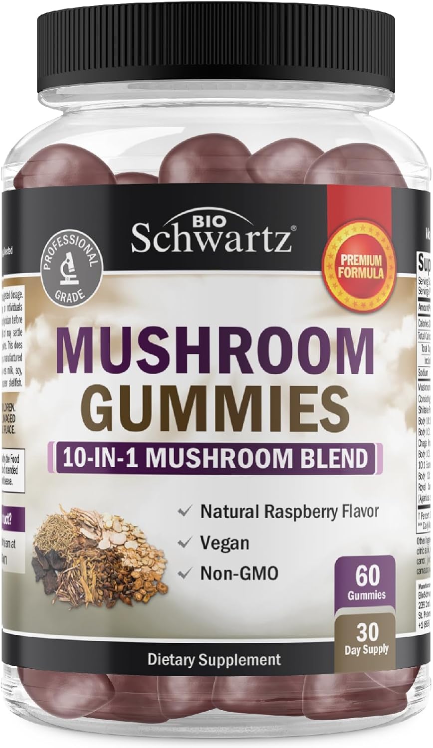 BioSchwartz Mushroom Gummies: 10-in-1 Functional Supplement for Mood and Focus - Lions Mane, Turkey Tail, Cordyceps, Shiitake, Reishi - Vegan, Non-GMO, Raspberry Flavor - 60 Count