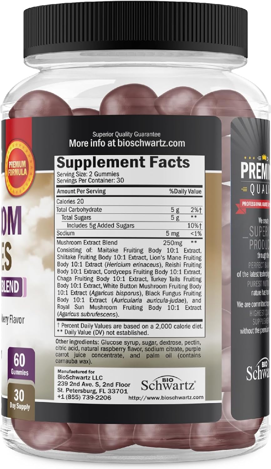 BioSchwartz Mushroom Gummies: 10-in-1 Functional Supplement for Mood and Focus - Lions Mane, Turkey Tail, Cordyceps, Shiitake, Reishi - Vegan, Non-GMO, Raspberry Flavor - 60 Count