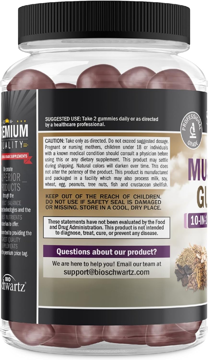 BioSchwartz Mushroom Gummies: 10-in-1 Functional Supplement for Mood and Focus - Lions Mane, Turkey Tail, Cordyceps, Shiitake, Reishi - Vegan, Non-GMO, Raspberry Flavor - 60 Count
