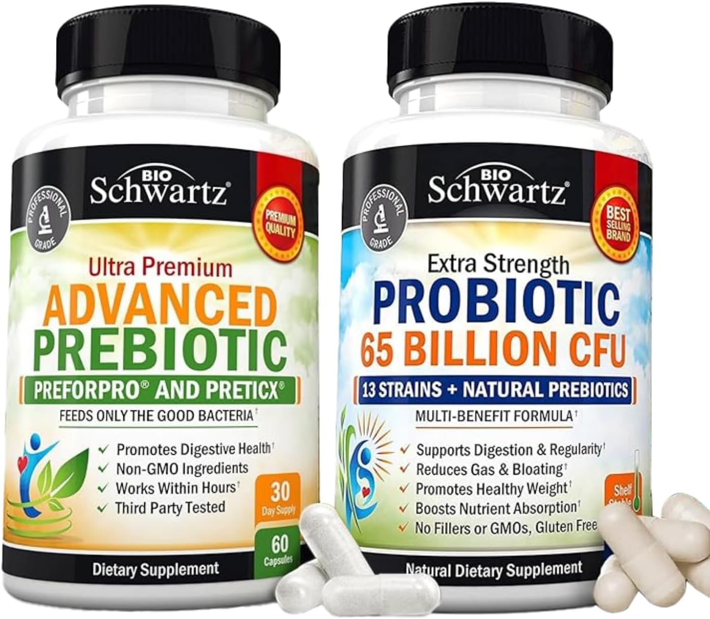 BioSchwartz Probiotic and Prebiotic Bundle - 65 Billion CFU Daily Probiotic & Gut Health Supplement for 1 Month