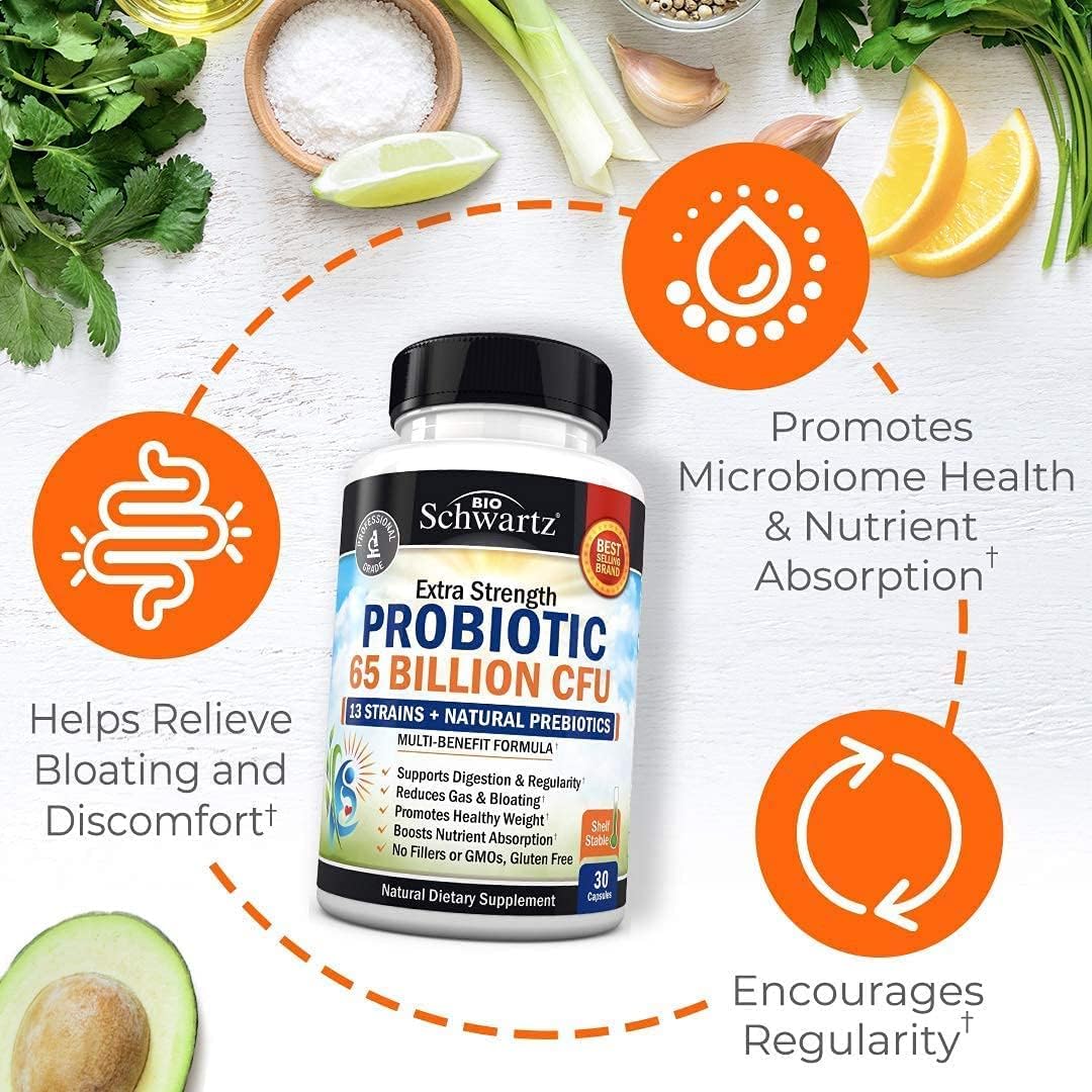 BioSchwartz Probiotic and Prebiotic Bundle - 65 Billion CFU Daily Probiotic & Gut Health Supplement for 1 Month