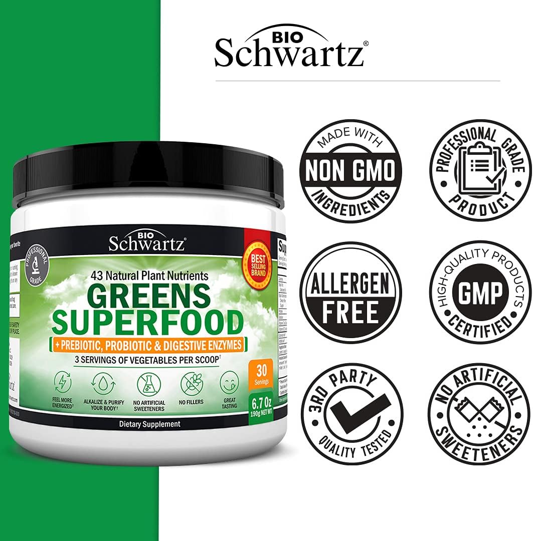 BioSchwartz Super Greens Powder Superfood with Probiotics, Prebiotics, and Digestive Enzymes - 43 Green Superfoods Including Chlorophyll, Bilberry, Chlorella, and Spirulina - Delicious Taste - 30 Servings