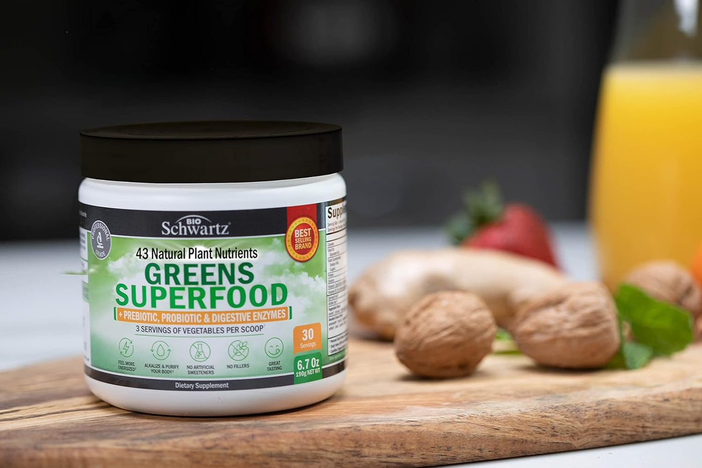 BioSchwartz Super Greens Powder Superfood with Probiotics, Prebiotics, and Digestive Enzymes - 43 Green Superfoods Including Chlorophyll, Bilberry, Chlorella, and Spirulina - Delicious Taste - 30 Servings
