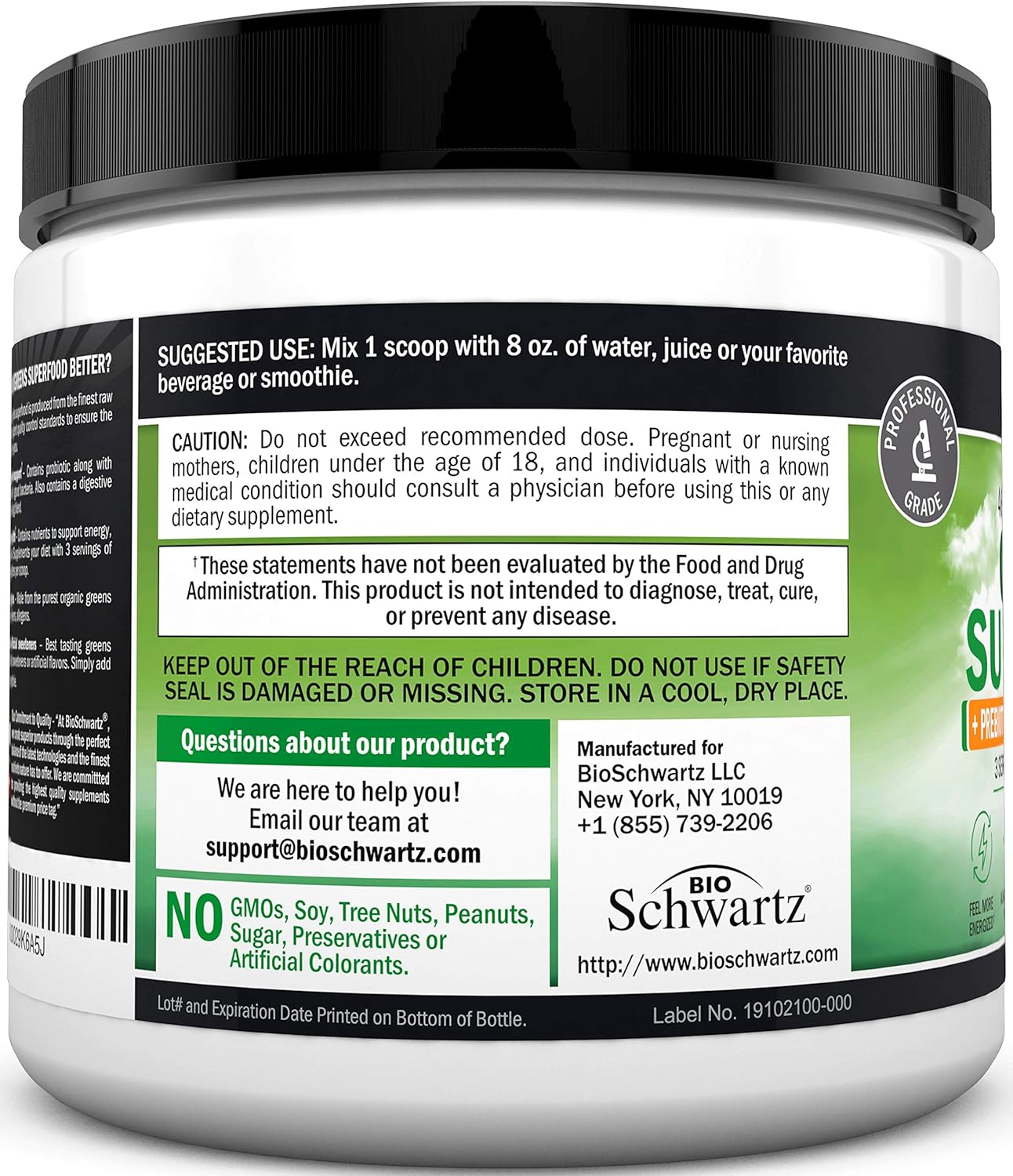 BioSchwartz Super Greens Powder Superfood with Probiotics, Prebiotics, and Digestive Enzymes - 43 Green Superfoods Including Chlorophyll, Bilberry, Chlorella, and Spirulina - Delicious Taste - 30 Servings