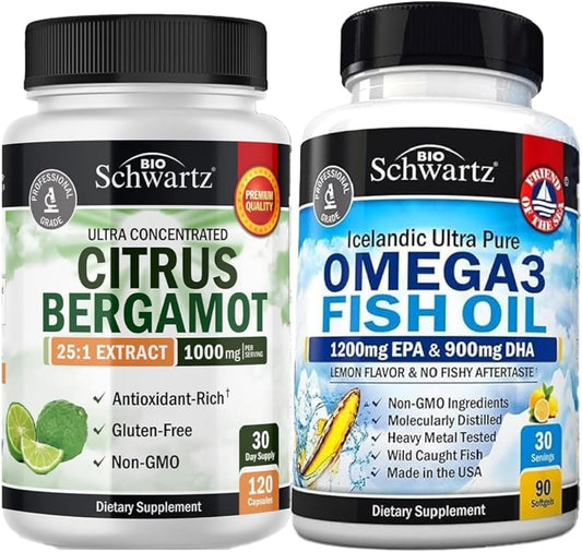 BioSchwartz Triple Strength Omega 3 Fish Oil Softgels and Citrus Bergamot Supplement - Month Supply