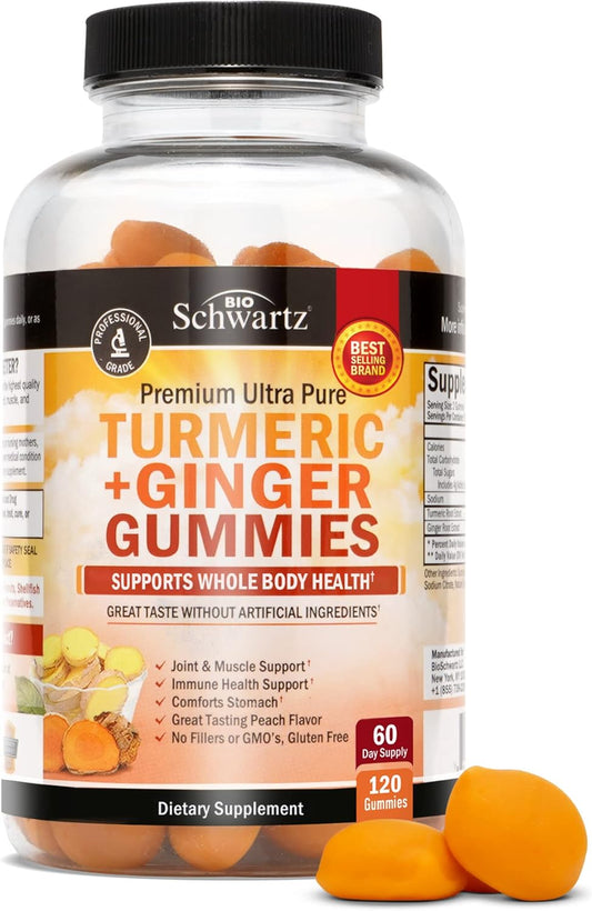 BioSchwartz Turmeric Curcumin with Ginger Gummies - Peach Flavor Joint Support Supplement, High Absorption, Non-GMO, Gluten Free - 120 Count