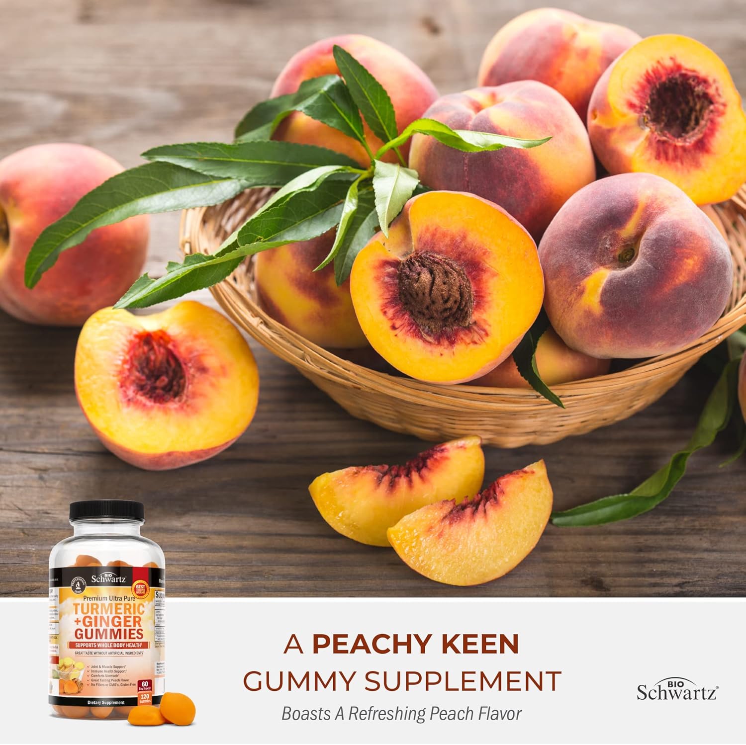 BioSchwartz Turmeric Curcumin with Ginger Gummies - Peach Flavor Joint Support Supplement, High Absorption, Non-GMO, Gluten Free - 120 Count