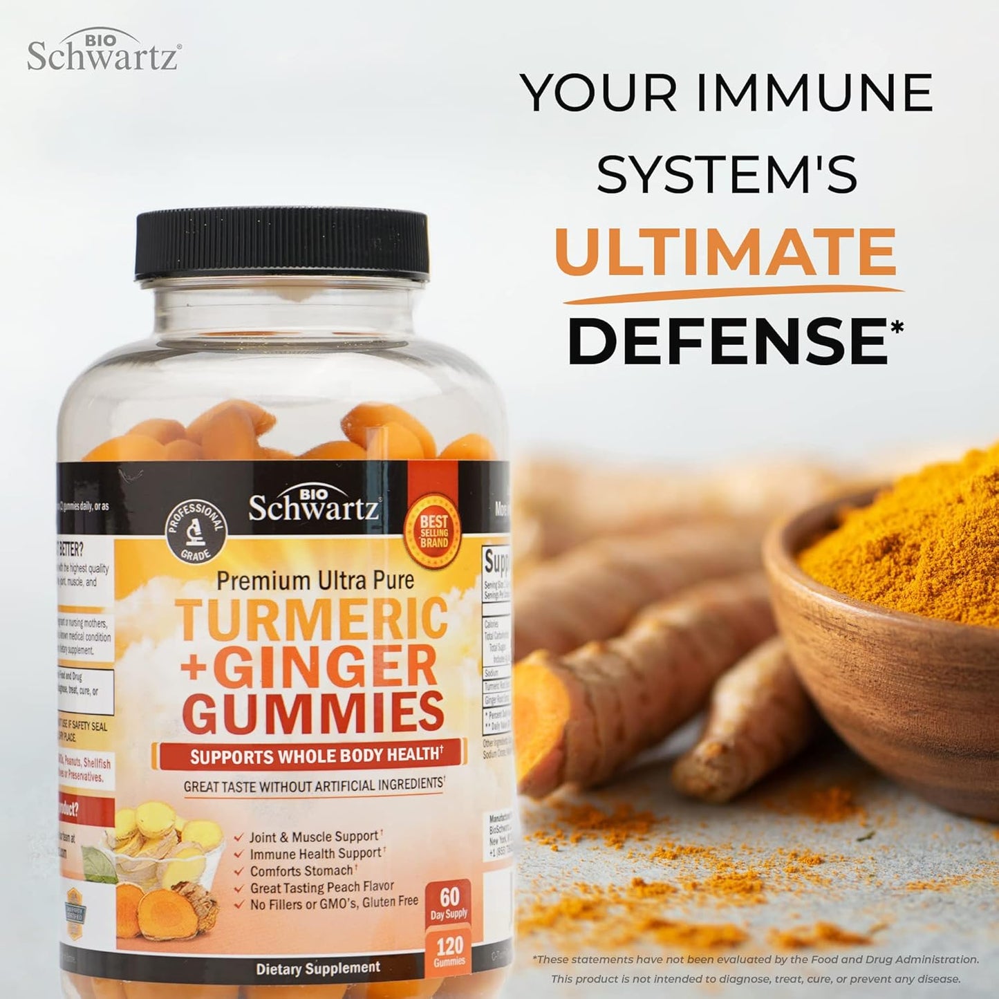 BioSchwartz Turmeric Curcumin with Ginger Gummies - Peach Flavor Joint Support Supplement, High Absorption, Non-GMO, Gluten Free - 120 Count