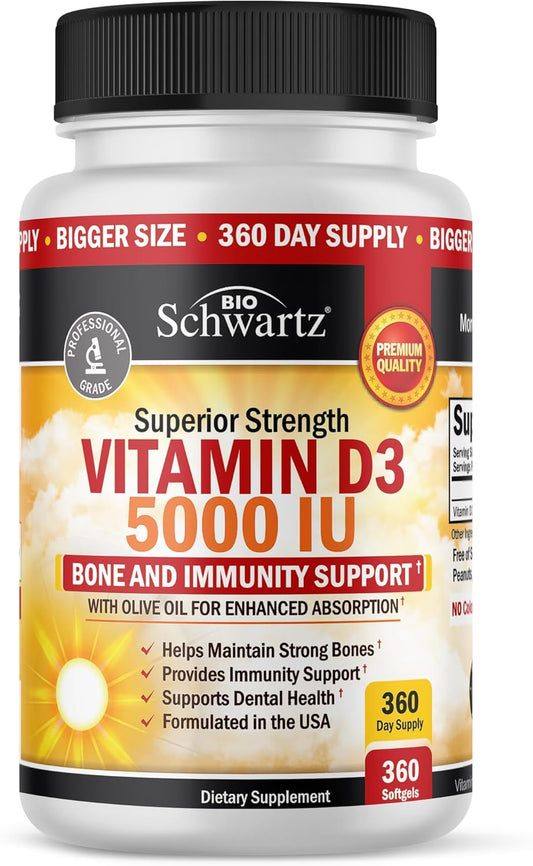 BioSchwartz Vitamin D3 5000 IU Supplement with Olive Oil for Immune Support, Bone Strength, and Muscle Function - 1 Year Supply, 360 Softgels