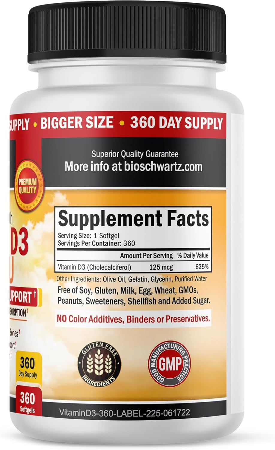 BioSchwartz Vitamin D3 5000 IU Supplement with Olive Oil for Immune Support, Bone Strength, and Muscle Function - 1 Year Supply, 360 Softgels