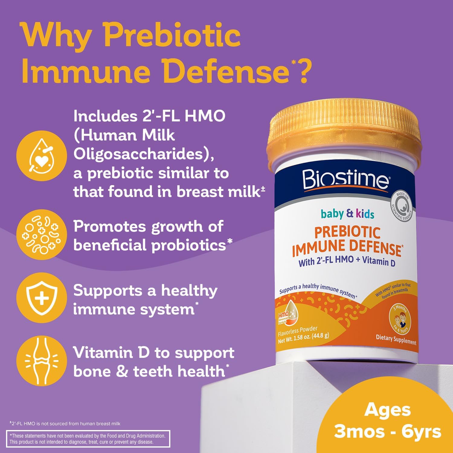 Biostime 2'FL HMO Baby Prebiotic Powder with Vitamin D | Probiotics & Human Milk Oligosaccharides for Kids, Toddlers, Infants | Bone & Immune Support | 28 Servings