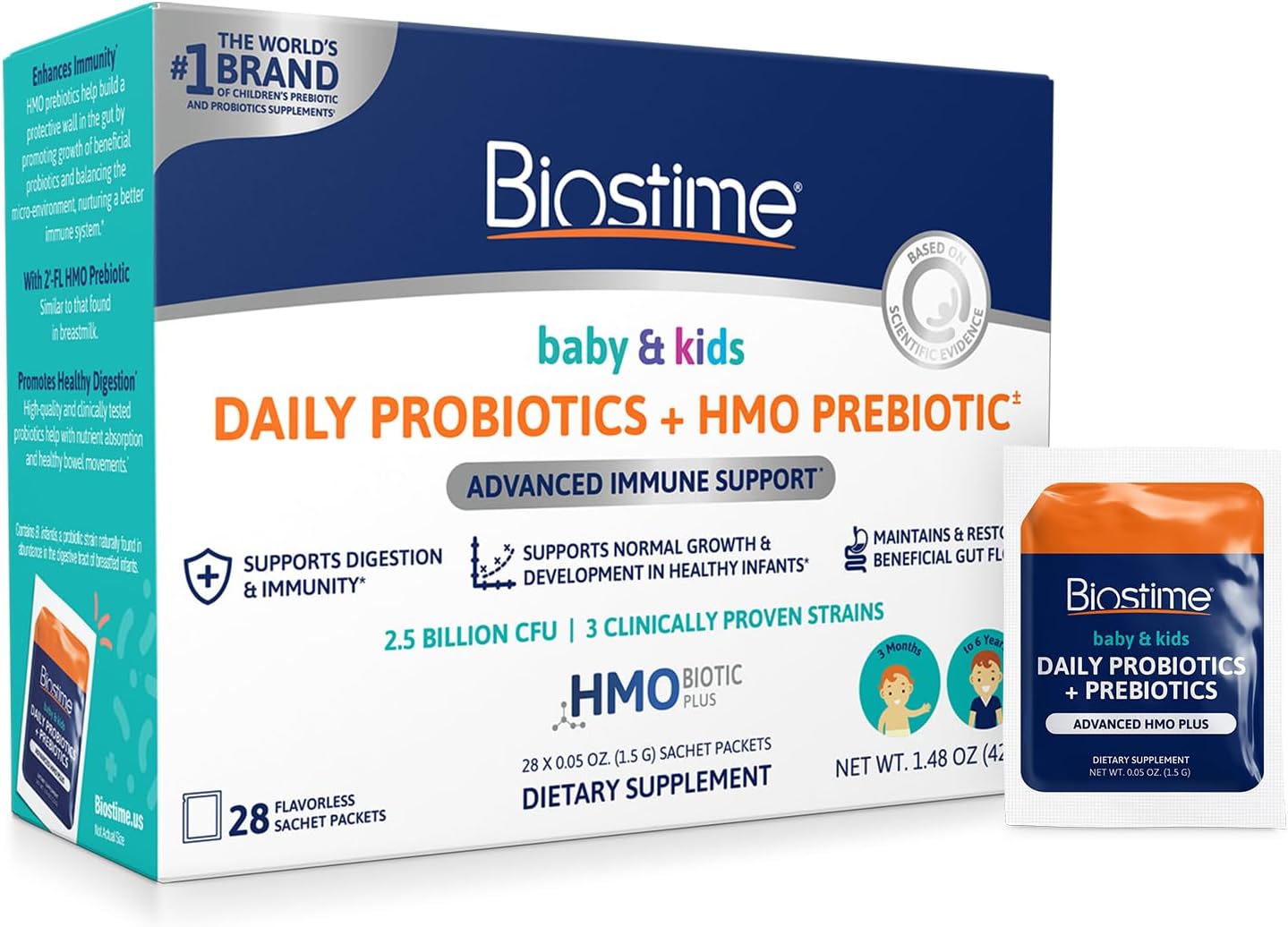 Biostime Baby Probiotic with HMO & Prebiotic Fiber - Immune & Digestive Support for Kids, Toddlers, Infants - 28 Powder Packets