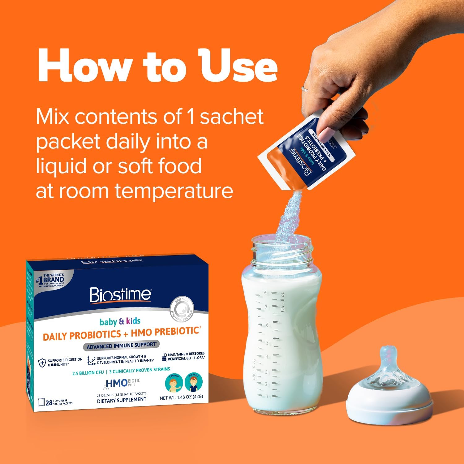 Biostime Baby Probiotic with HMO & Prebiotic Fiber - Immune & Digestive Support for Kids, Toddlers, Infants - 28 Powder Packets