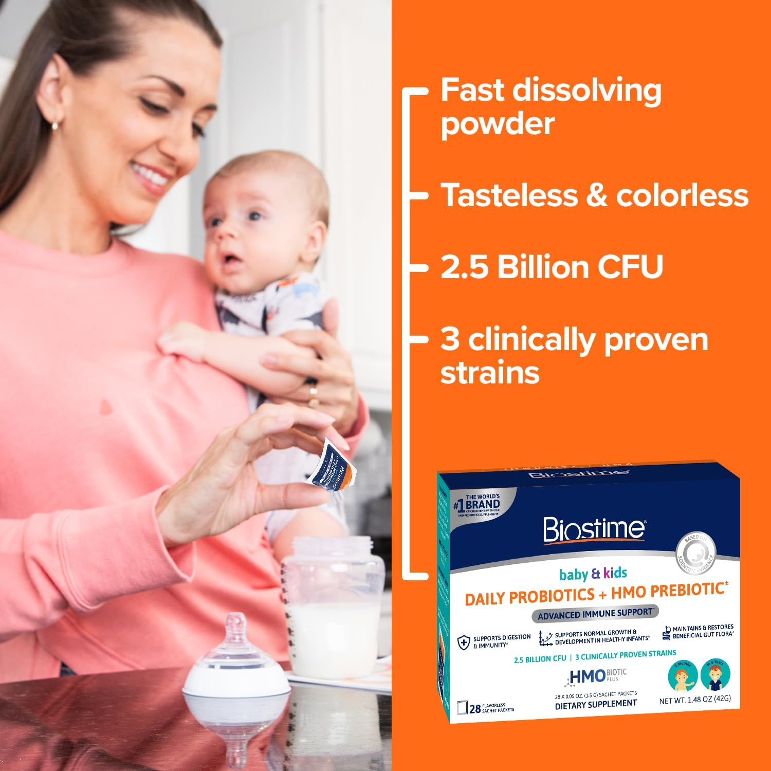 Biostime Baby Probiotic with HMO & Prebiotic Fiber - Immune & Digestive Support for Kids, Toddlers, Infants - 28 Powder Packets