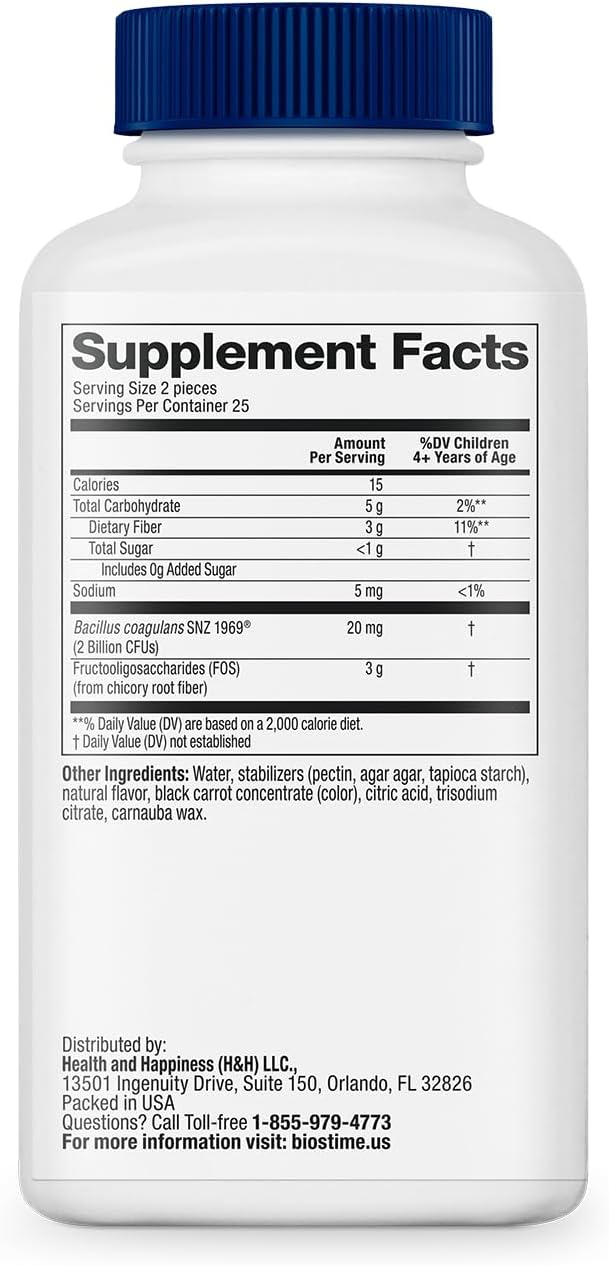 Biostime Kids Probiotic & Prebiotic Fiber Fruity Bites - 50 Count, 3g FOS for Digestive Health, No Sugar, Allergen-Free.