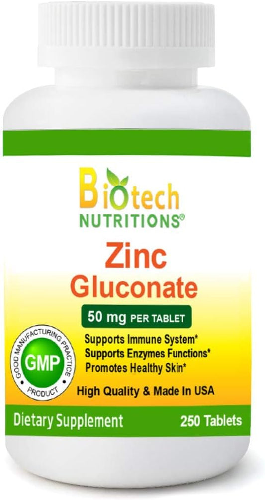 Biotech Nutritions Zinc Gluconate 50 mg - 250 Tablets, Made in USA, Vegan-Friendly Zinc Supplement