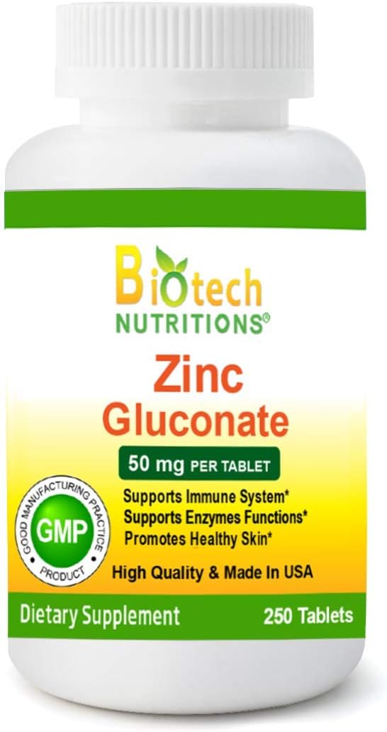 Biotech Nutritions Zinc Gluconate 50 mg - 250 Tablets, Made in USA, Vegan-Friendly Zinc Supplement