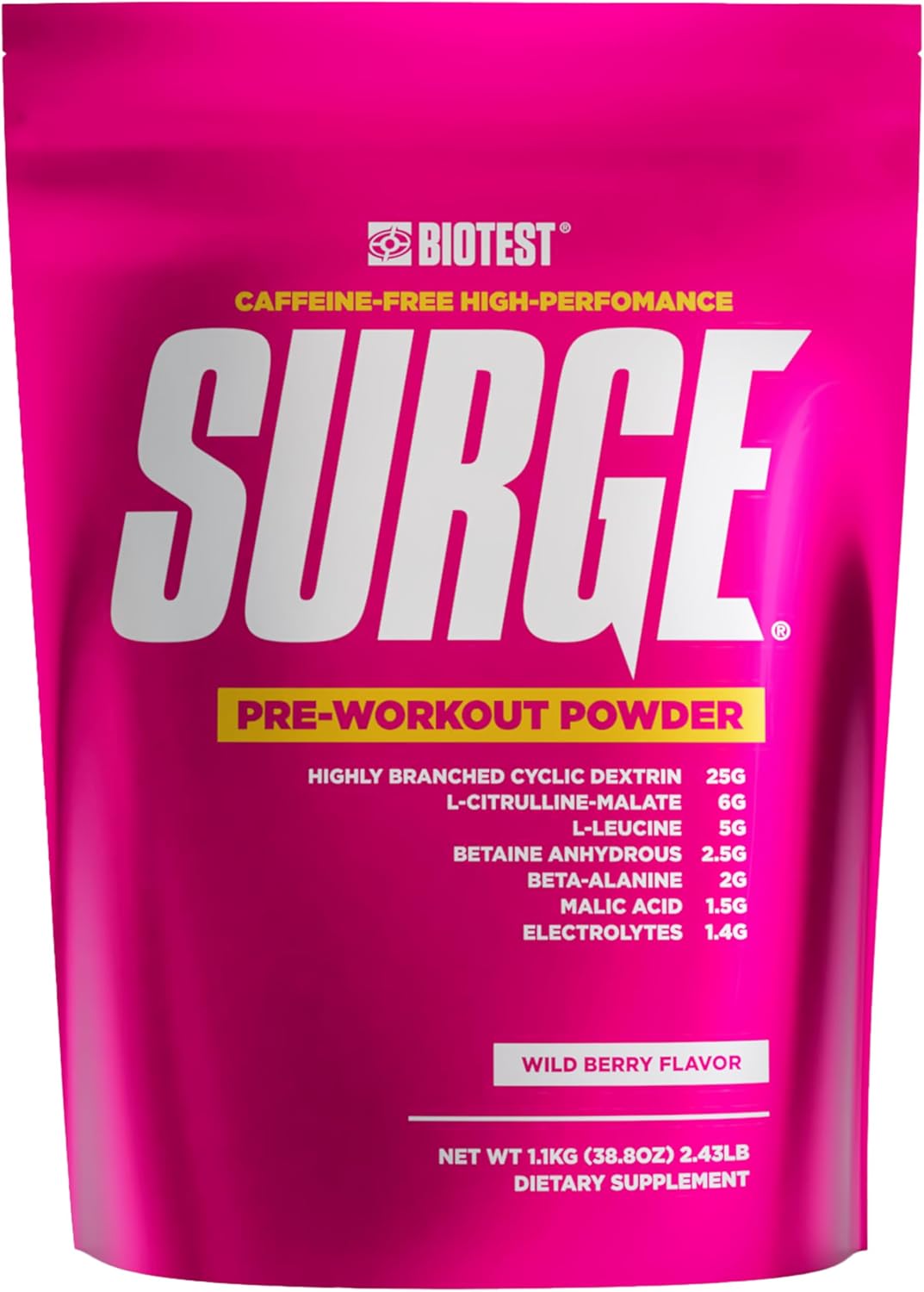 Biotest Surge Intra Workout Supplement with Beta-Alanine, L-Leucine, Citrulline Malate, Betaine, HBCD & Electrolytes for Performance (20 Servings, Berry)