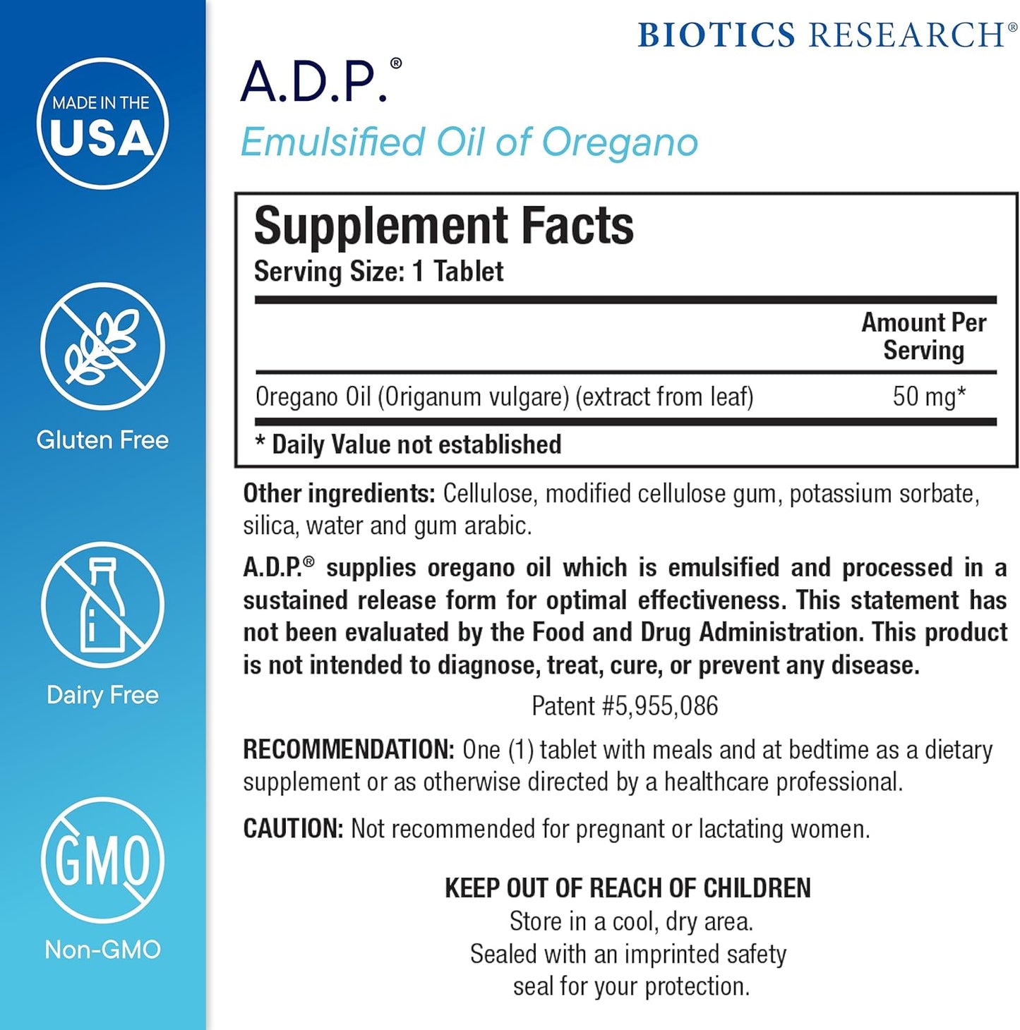 Biotics Research A.D.P. Emulsified Oil of Oregano Tablets - Patented Formula with 50mg Carvacrol - Sustained Release for Gut Health - 60 Pills