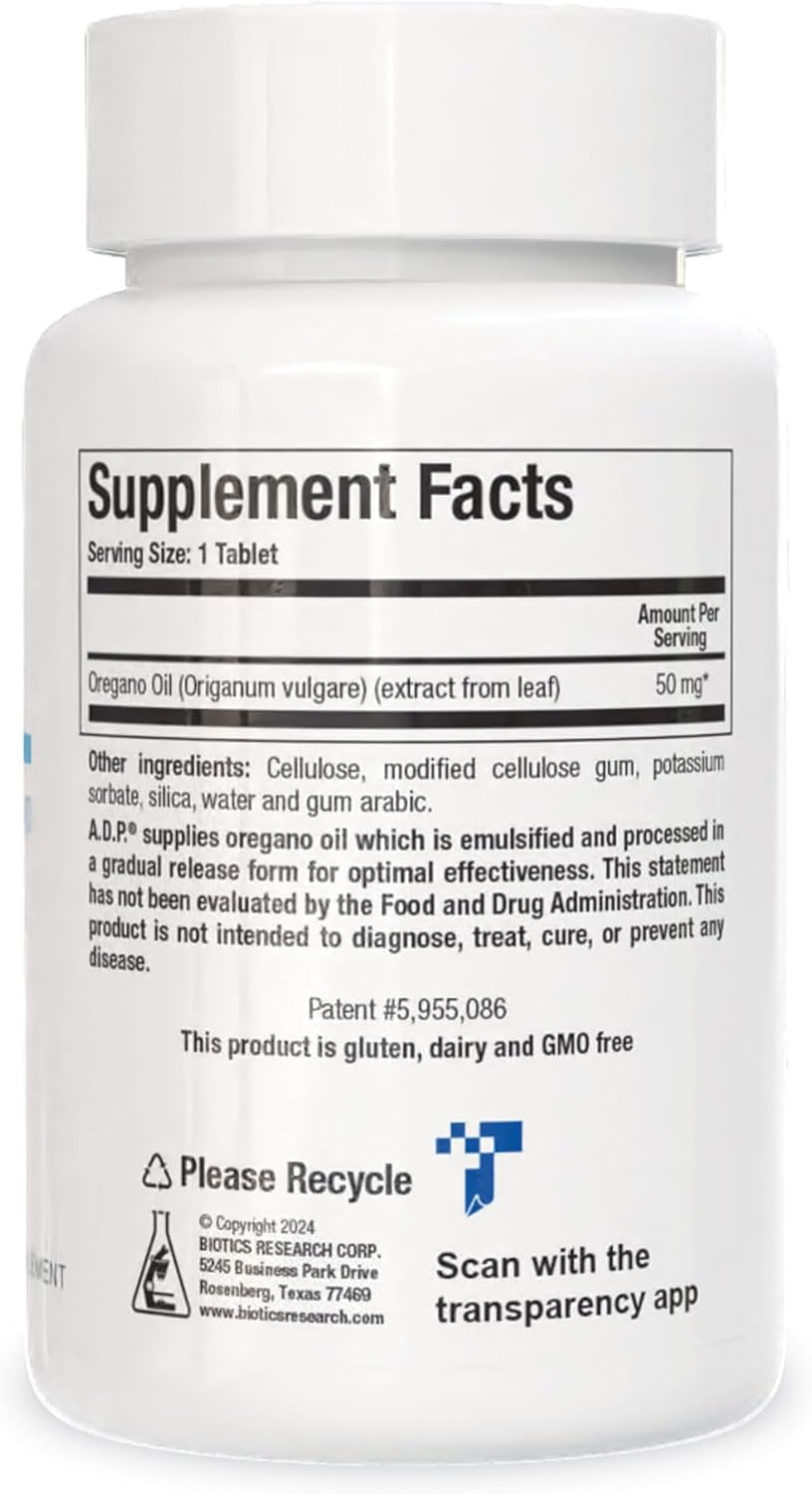 Biotics Research A.D.P. Emulsified Oil of Oregano Tablets - Patented Formula with 50mg Carvacrol - Sustained Release for Gut Health - 60 Pills