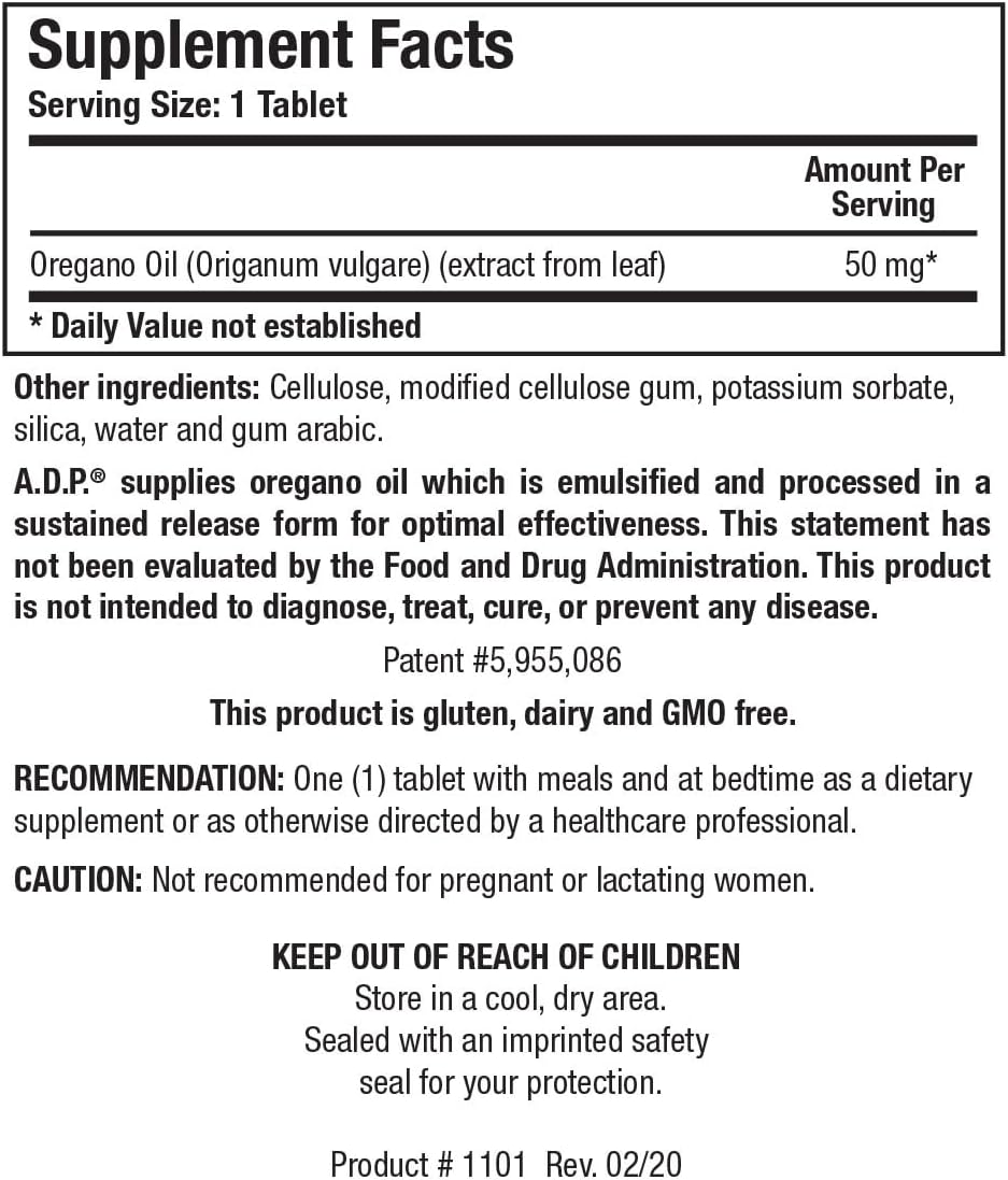Biotics Research A.D.P. Emulsified Oil of Oregano Tablets - Patented Formula with 50mg Carvacrol - Sustained Release for Gut Health - 60 Pills