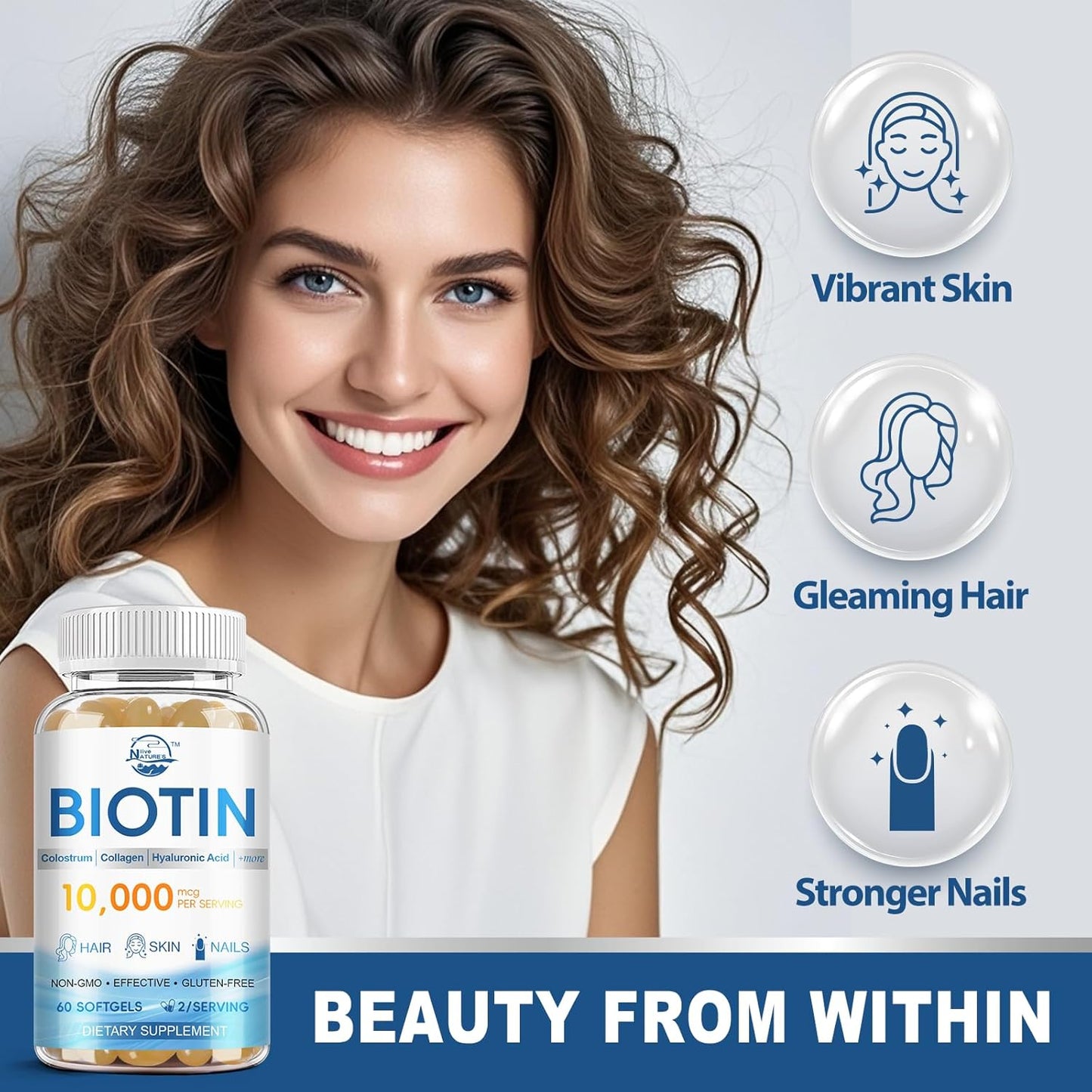 Biotin 10,000 mcg Hair Skin and Nails Vitamins with Collagen and Hyaluronic Acid - Non-GMO & Gluten Free 1 Pack