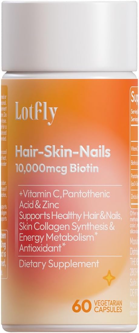 Biotin 10000 mcg with Zinc, Vitamin C & Calcium Pantothenate - Hair, Nails & Skin Support - 60 Vegan Capsules - USA Made