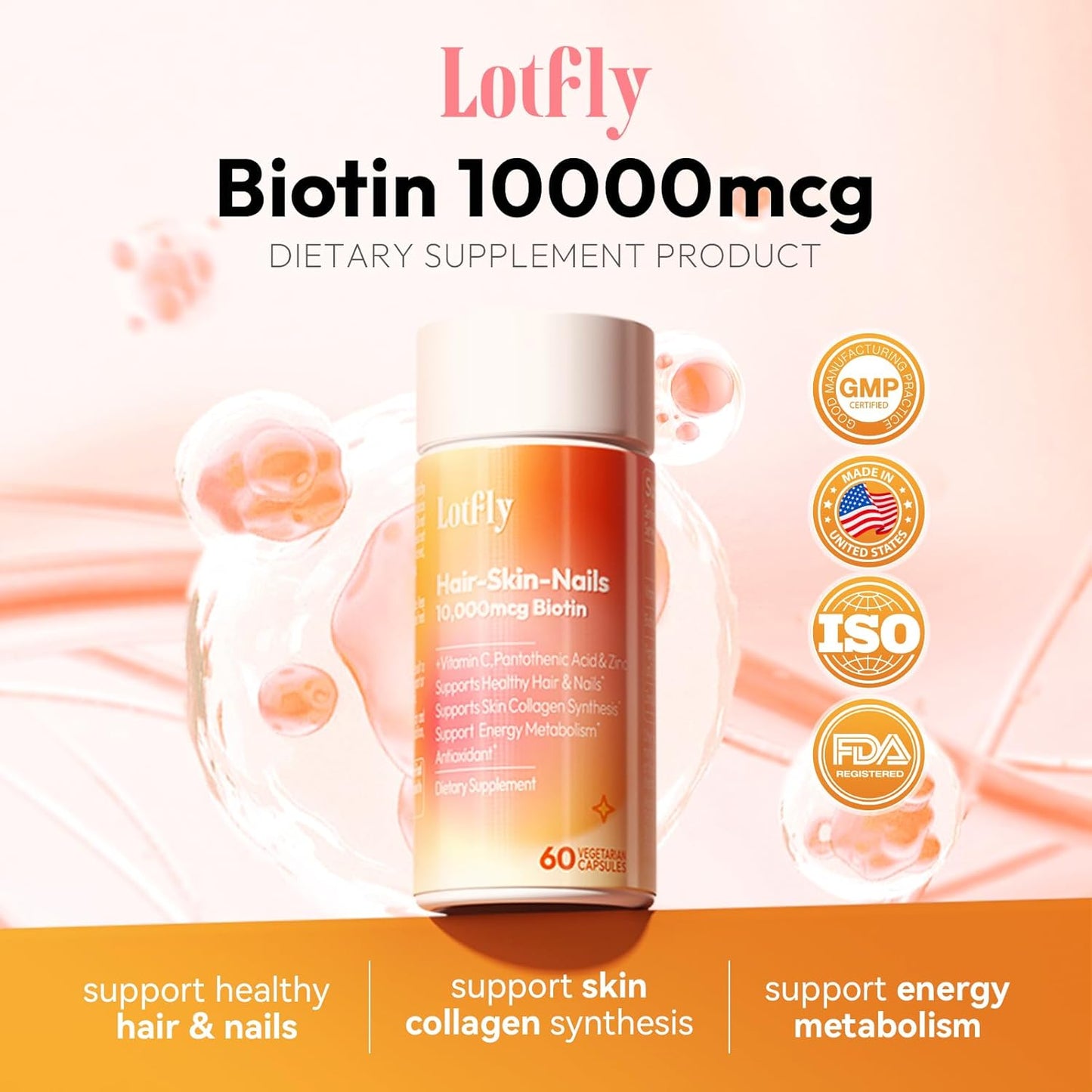 Biotin 10000 mcg with Zinc, Vitamin C & Calcium Pantothenate - Hair, Nails & Skin Support - 60 Vegan Capsules - USA Made
