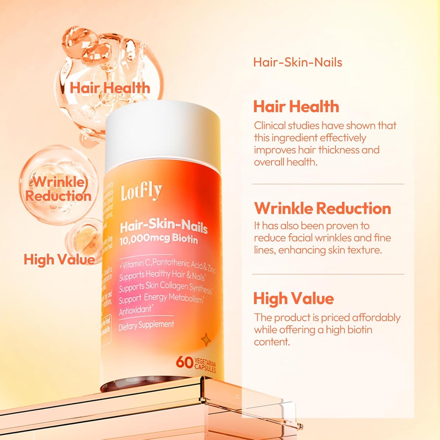 Biotin 10000 mcg with Zinc, Vitamin C & Calcium Pantothenate - Hair, Nails & Skin Support - 60 Vegan Capsules - USA Made