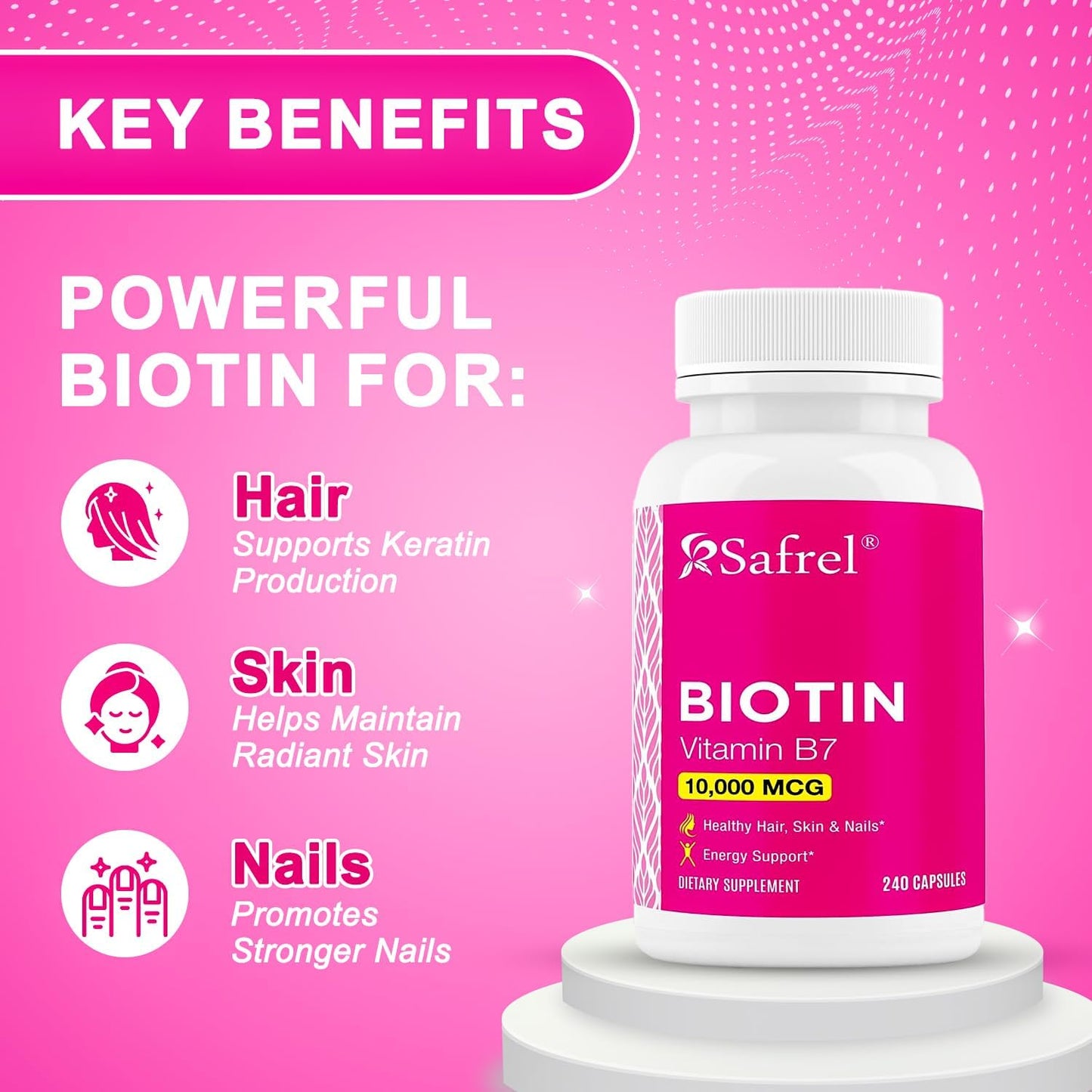 Biotin 10,000mcg Capsules - Vitamin B7 Supplement for Hair, Skin & Nails, Metabolism Support - 240 Count, Vegetarian, Gluten Free, Non-GMO
