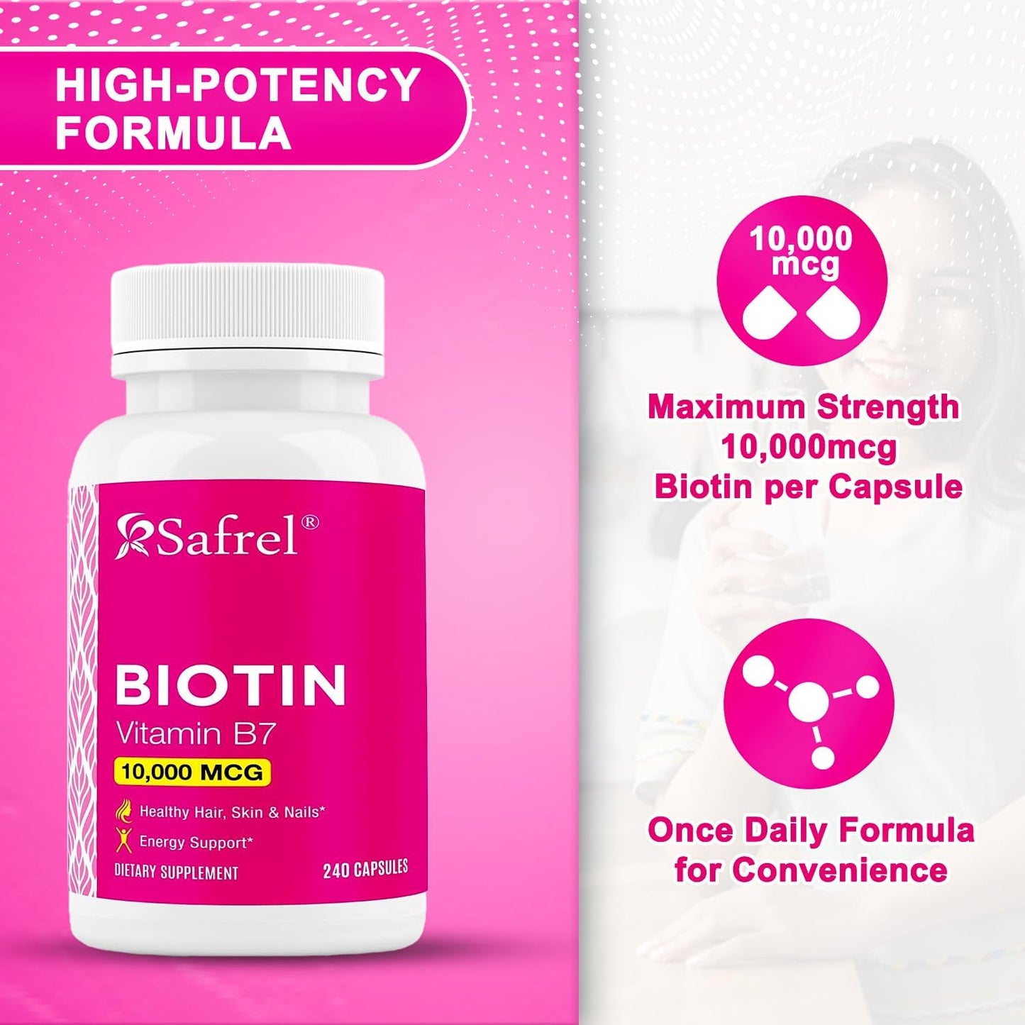 Biotin 10,000mcg Capsules - Vitamin B7 Supplement for Hair, Skin & Nails, Metabolism Support - 240 Count, Vegetarian, Gluten Free, Non-GMO