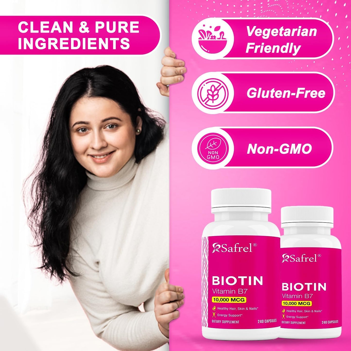 Biotin 10,000mcg Capsules - Vitamin B7 Supplement for Hair, Skin & Nails, Metabolism Support - 240 Count, Vegetarian, Gluten Free, Non-GMO