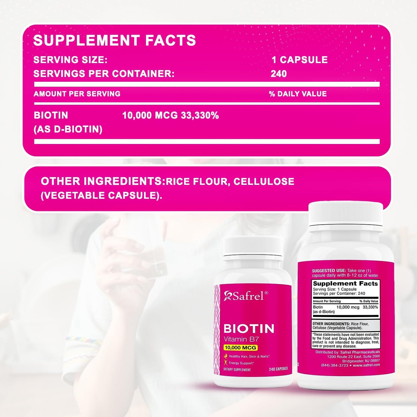 Biotin 10,000mcg Capsules - Vitamin B7 Supplement for Hair, Skin & Nails, Metabolism Support - 240 Count, Vegetarian, Gluten Free, Non-GMO