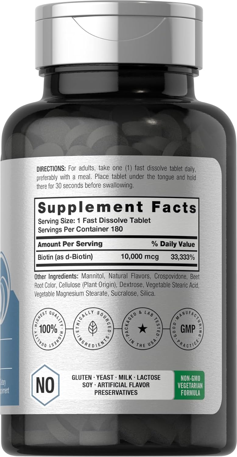 Biotin 10000mcg Fast Dissolve Tablets - 180 Count - Beauty Formula - Vegetarian - Non-GMO & Gluten Free