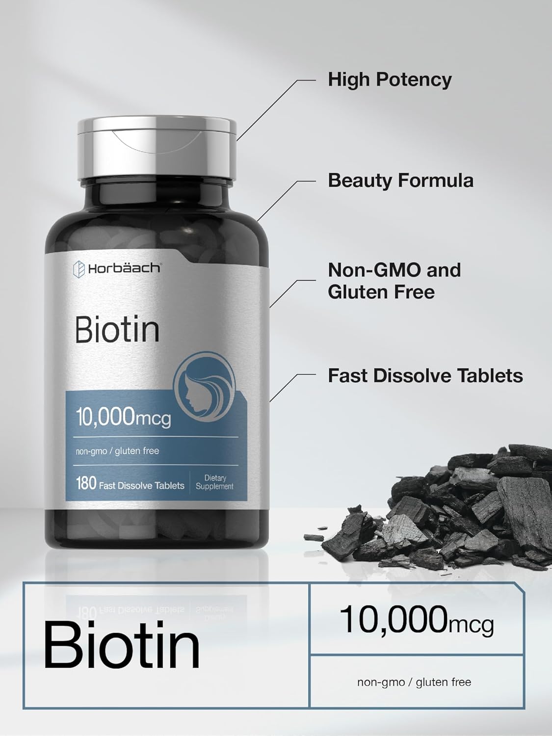 Biotin 10000mcg Fast Dissolve Tablets - 180 Count - Beauty Formula - Vegetarian - Non-GMO & Gluten Free