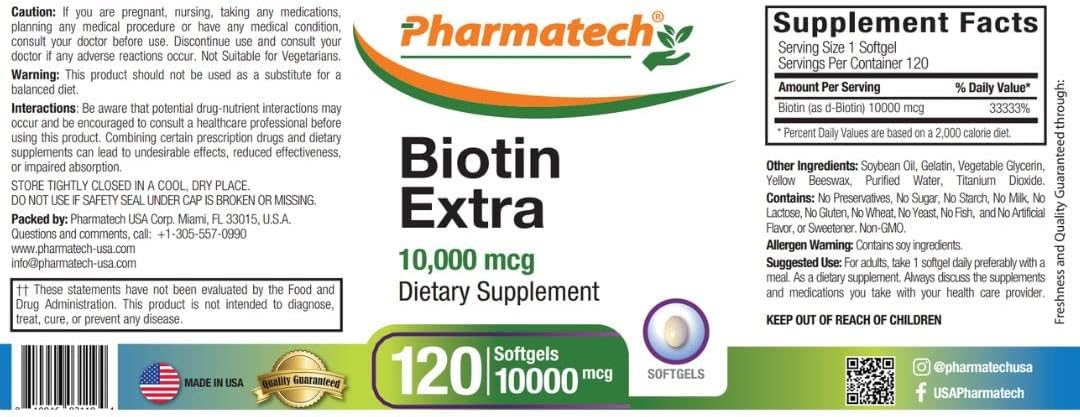 Biotin 10000mcg Supplement for Hair Growth, Skin, and Nails - 120 Softgels, Vitamin B7 for Women, Gluten Free
