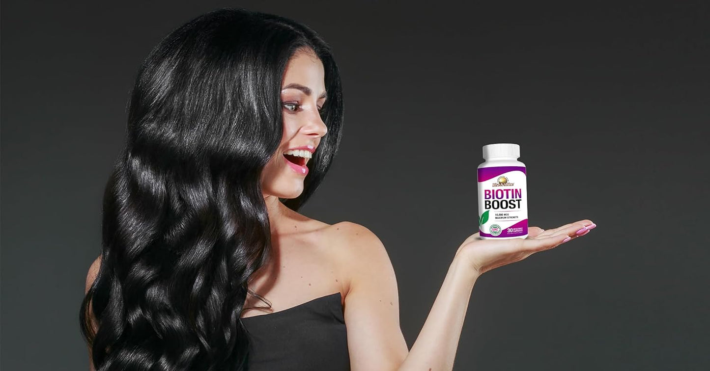 Biotin Boost 10,000 mcg Capsules for Hair, Skin, Nails, and Lashes - 30 Count Pack