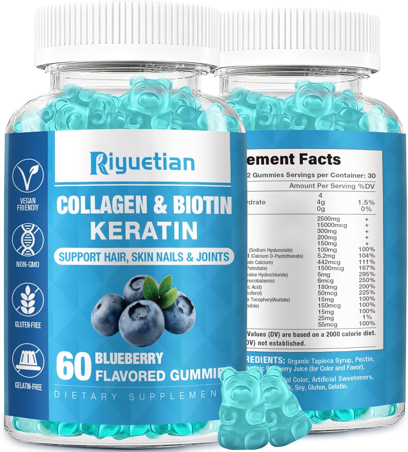 Biotin & Collagen Gummies for Hair, Skin, Nails - Women & Men - 60 Vegan Gummies - 15000mcg Biotin - Non-GMO Hair Vitamins