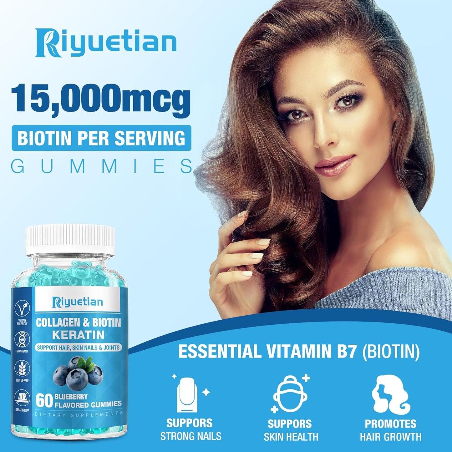 Biotin & Collagen Gummies for Hair, Skin, Nails - Women & Men - 60 Vegan Gummies - 15000mcg Biotin - Non-GMO Hair Vitamins