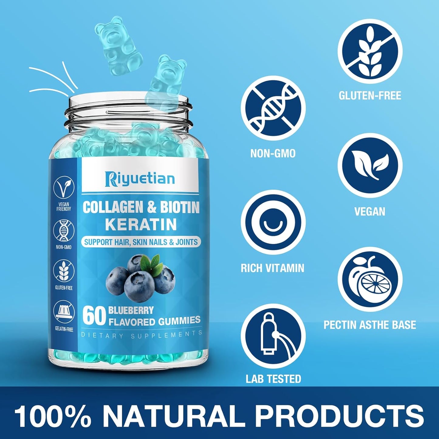 Biotin & Collagen Gummies for Hair, Skin, Nails - Women & Men - 60 Vegan Gummies - 15000mcg Biotin - Non-GMO Hair Vitamins