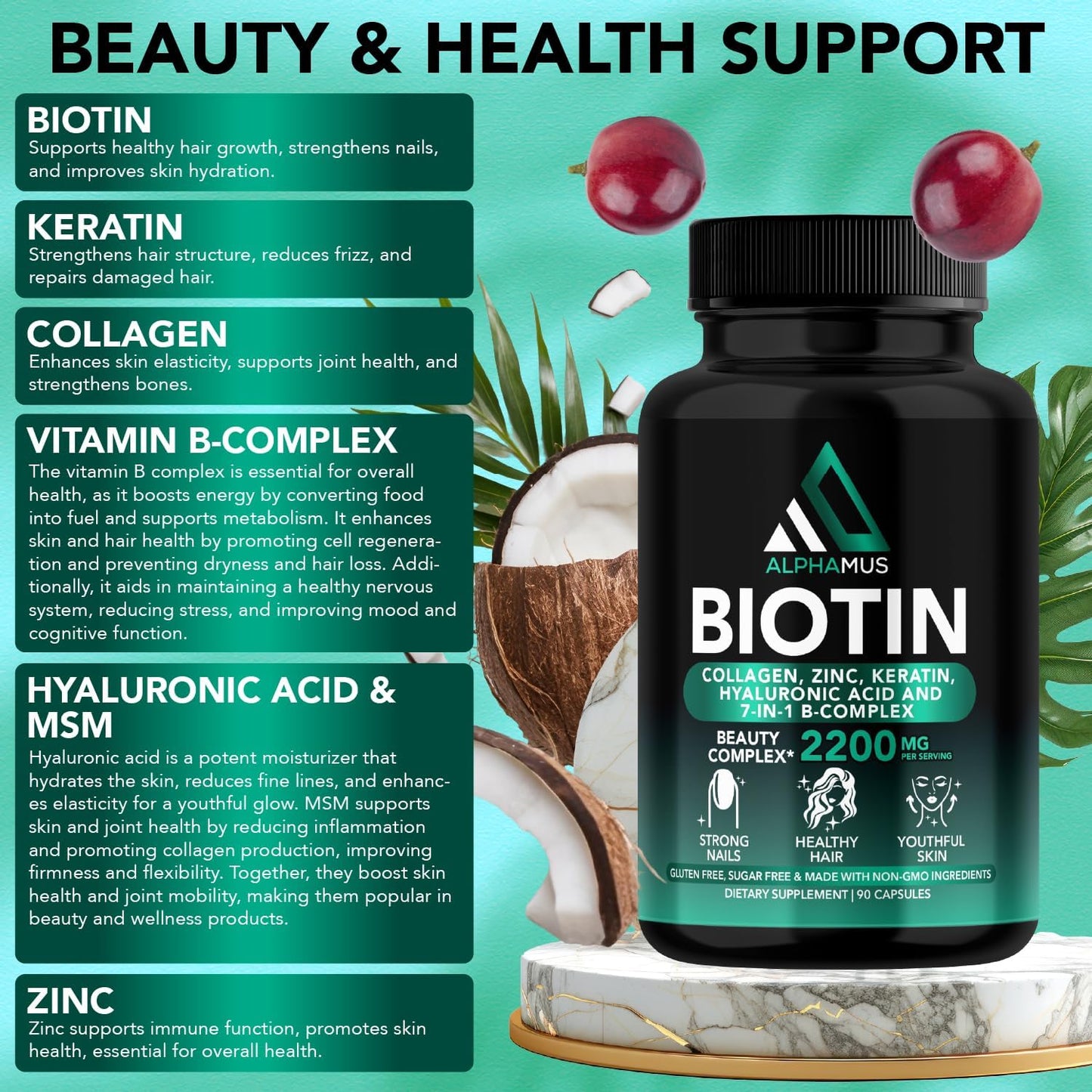 Biotin, Collagen, Keratin Supplements for Hair Growth, Skin & Nail Health - 5000mcg Capsules with Hyaluronic Acid & Vitamin-B Complex - 90 Capsules for Women & Men