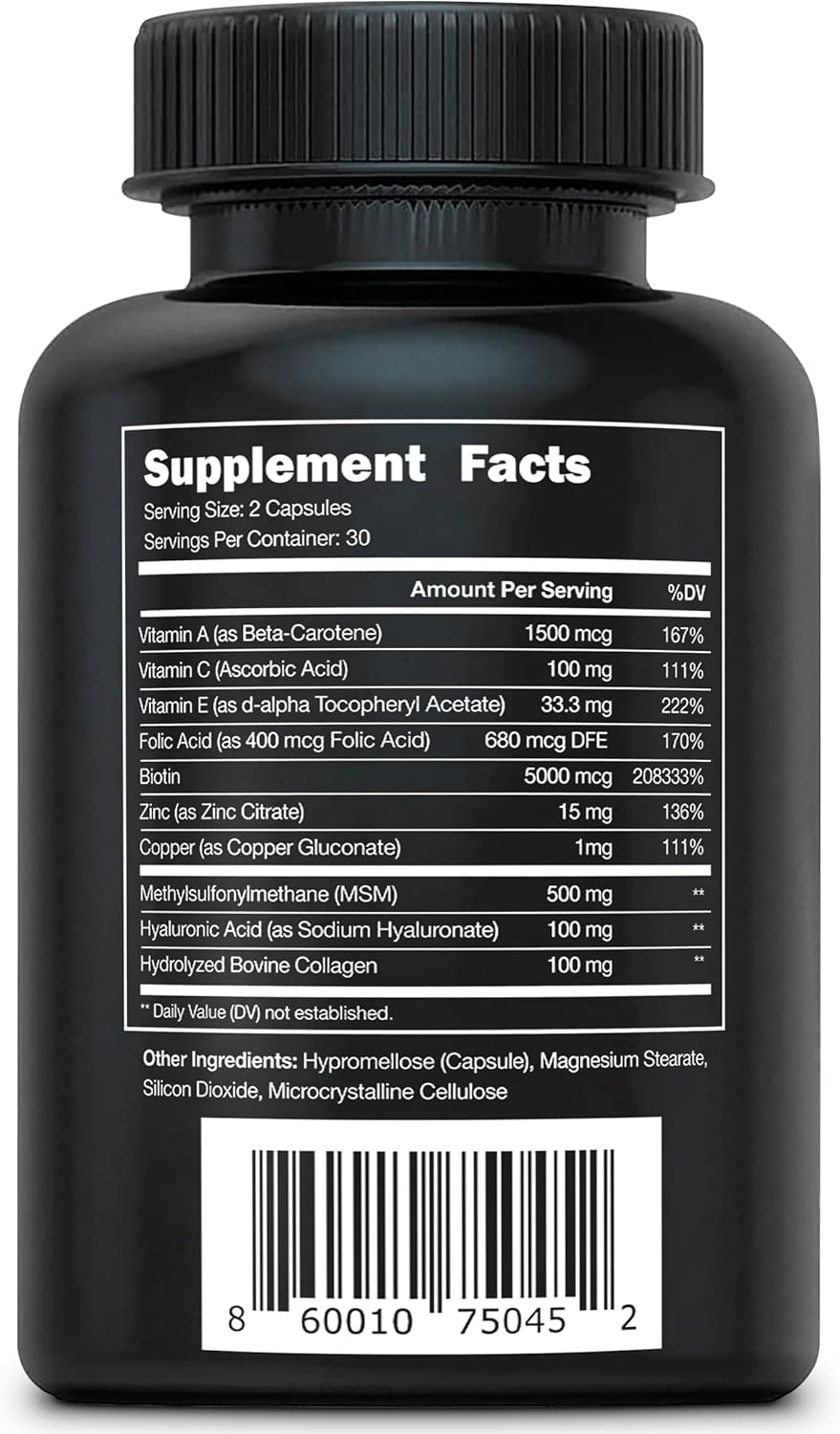 Biotin Complex Pills with Hyaluronic Acid, MSM, Collagen & Vitamin C - 60 Capsules for Hair, Skin & Nails