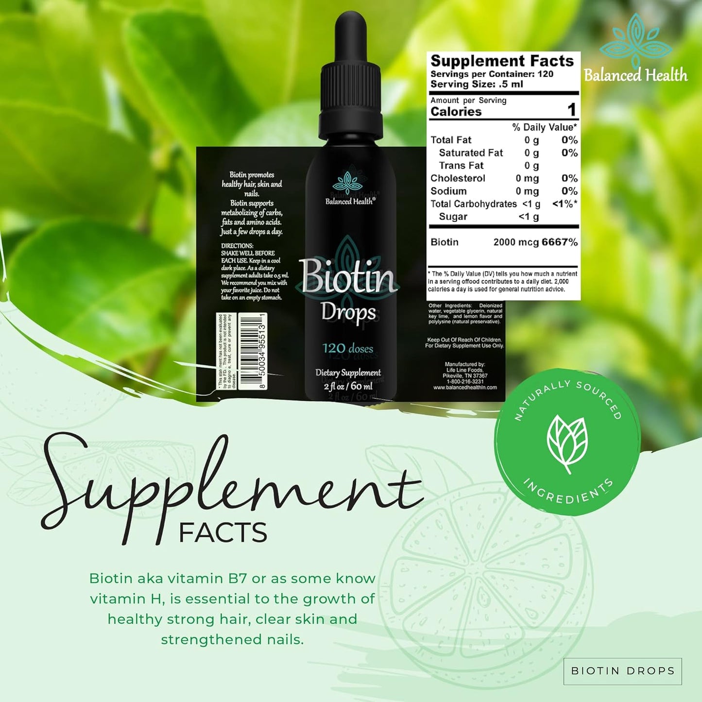 Biotin Drops for Healthy Hair, Skin, and Nails - 120 Servings, 2oz, Lemon Flavor