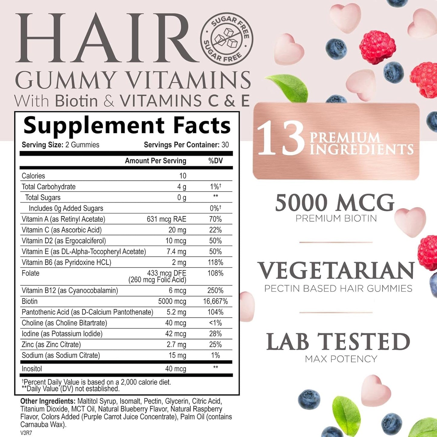 Biotin Gummies for Hair Growth, Vitamin-Enriched Vegetarian Supplement - 60 Sugar-Free Gummies with Vitamins A, B12, C, D, E, Folic Acid - Promotes Strong, Beautiful Hair and Nails