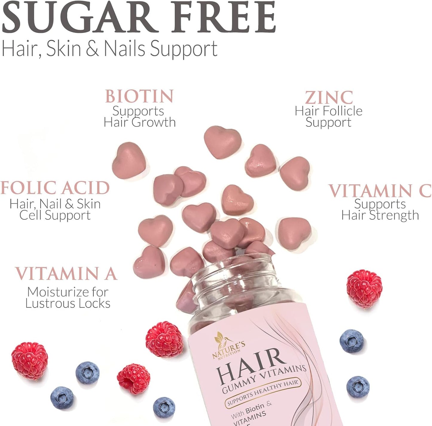Biotin Gummies for Hair Growth, Vitamin-Enriched Vegetarian Supplement - 60 Sugar-Free Gummies with Vitamins A, B12, C, D, E, Folic Acid - Promotes Strong, Beautiful Hair and Nails