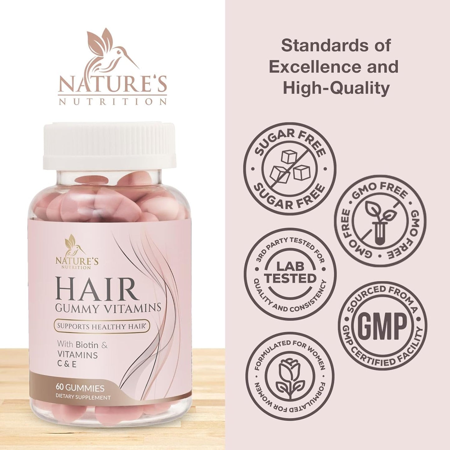Biotin Gummies for Hair Growth, Vitamin-Enriched Vegetarian Supplement - 60 Sugar-Free Gummies with Vitamins A, B12, C, D, E, Folic Acid - Promotes Strong, Beautiful Hair and Nails