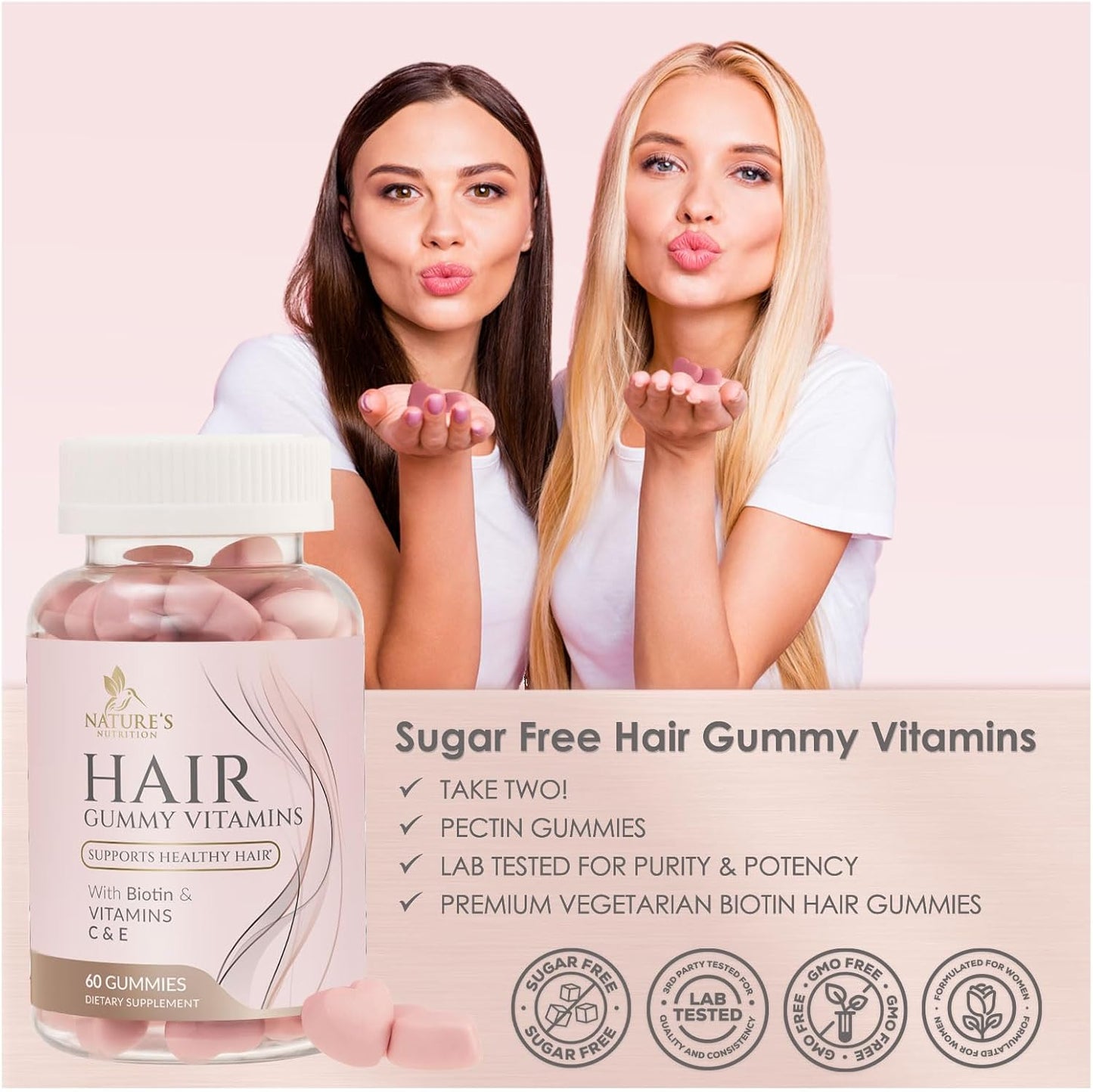 Biotin Gummies for Hair Growth, Vitamin-Enriched Vegetarian Supplement - 60 Sugar-Free Gummies with Vitamins A, B12, C, D, E, Folic Acid - Promotes Strong, Beautiful Hair and Nails