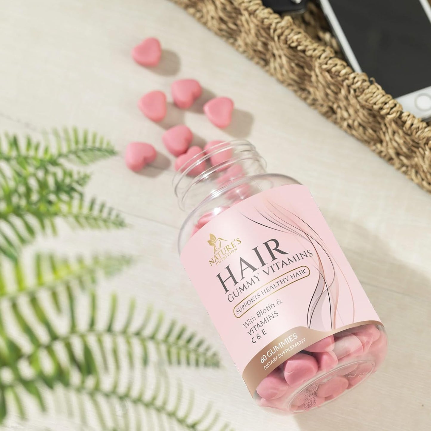 Biotin Gummies for Hair Growth, Vitamin-Enriched Vegetarian Supplement - 60 Sugar-Free Gummies with Vitamins A, B12, C, D, E, Folic Acid - Promotes Strong, Beautiful Hair and Nails